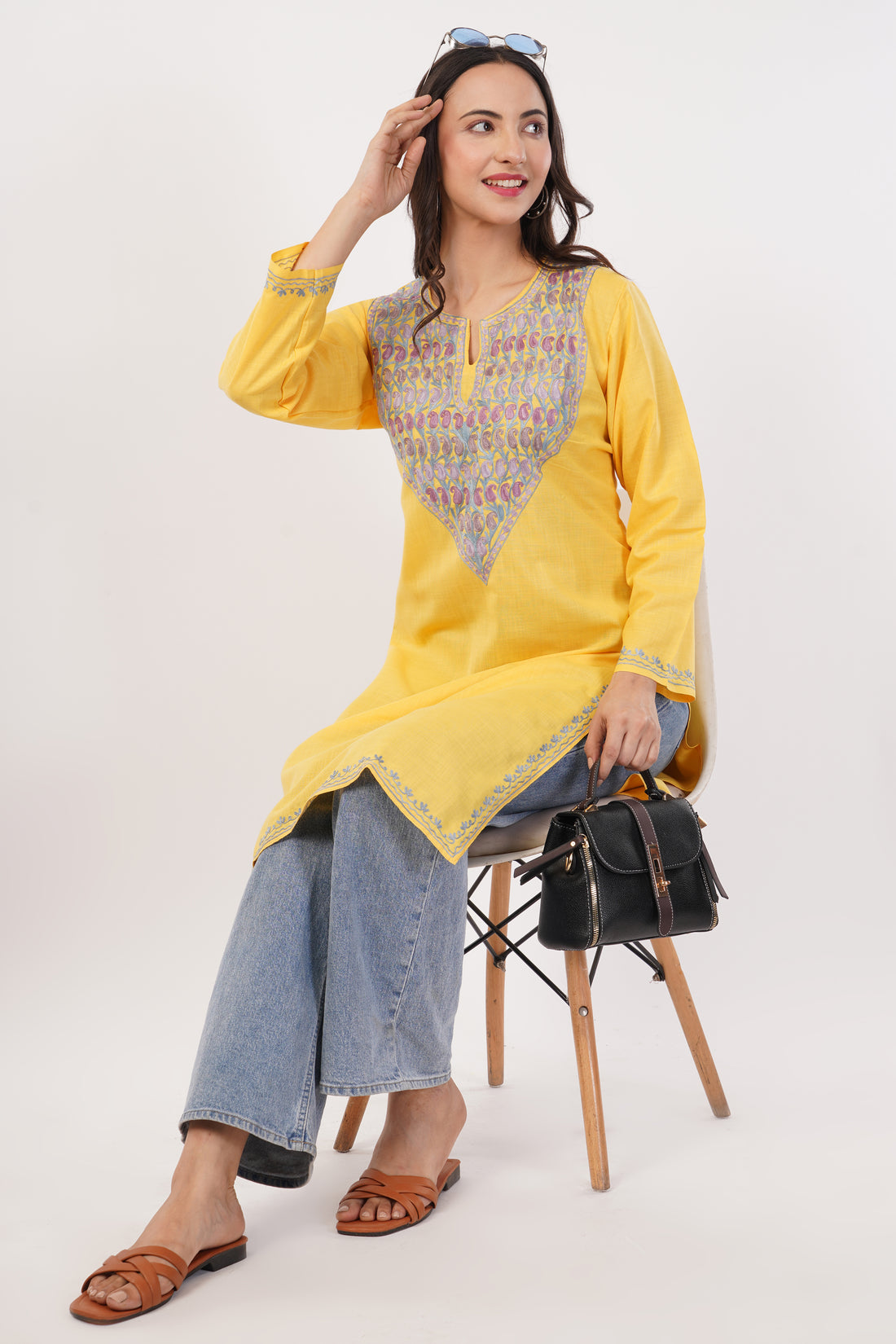 Kashmiri Aari embroidery Cotton Long Kurti Size-38 (Yellow)