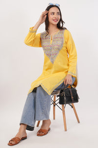 Kashmiri Aari embroidery Cotton Long Kurti Size-38 (Yellow)