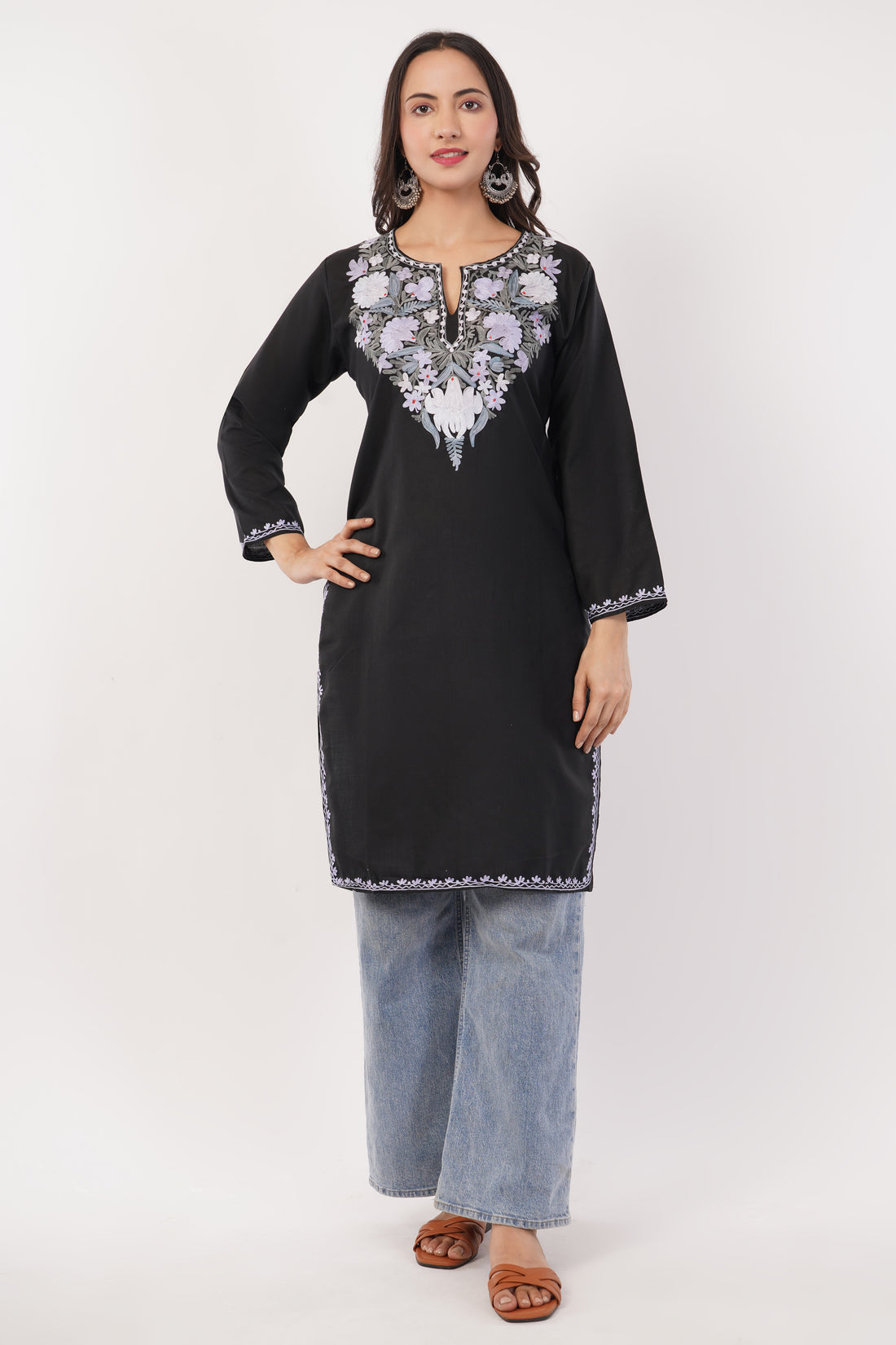 Kashmiri Aari embroidery Cotton Long Kurti Size-38 (Black)