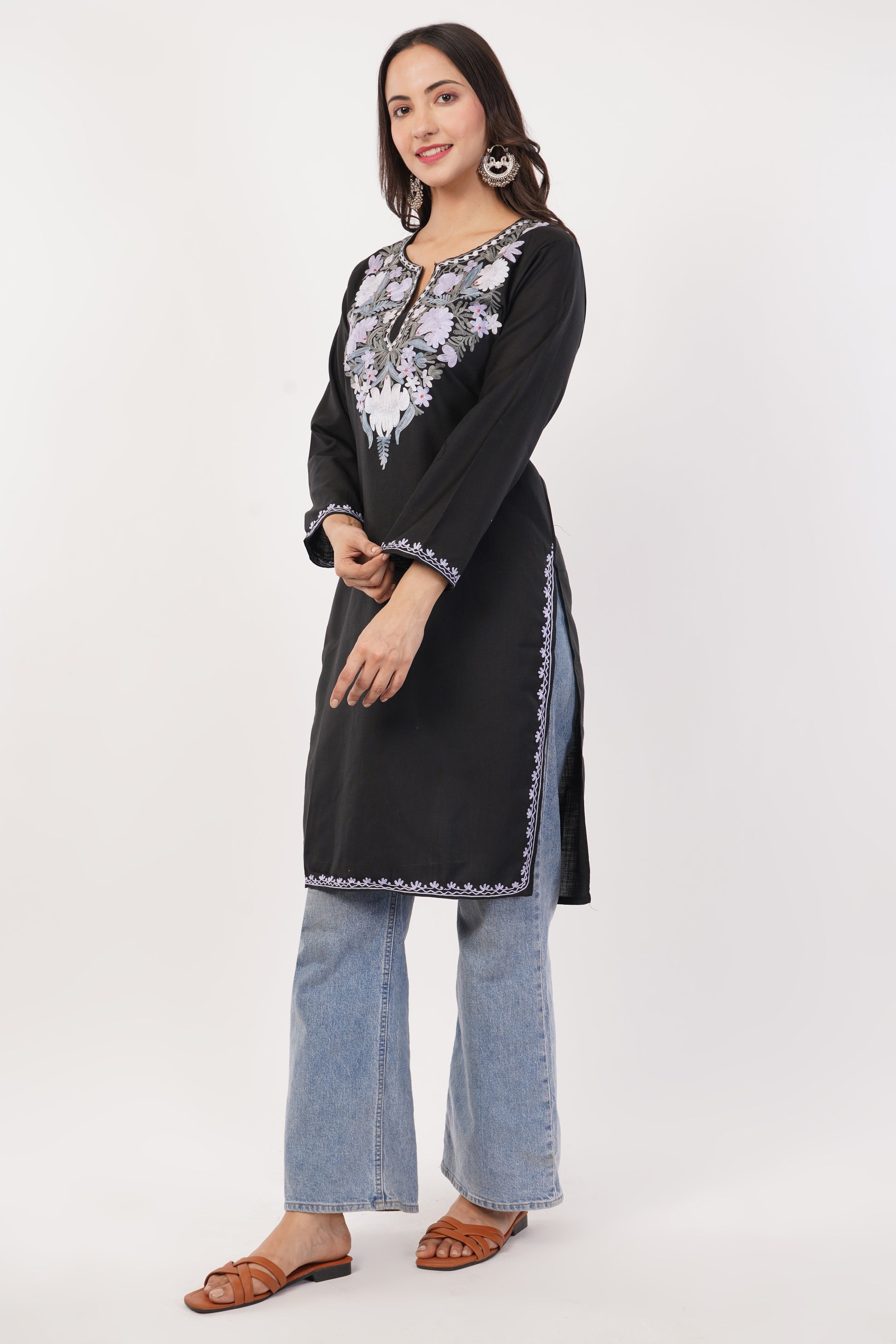Kashmiri Aari embroidery Cotton Long Kurti Size-38 (Black)