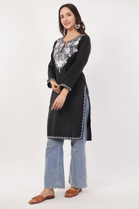 Kashmiri Aari embroidery Cotton Long Kurti Size-38 (Black)