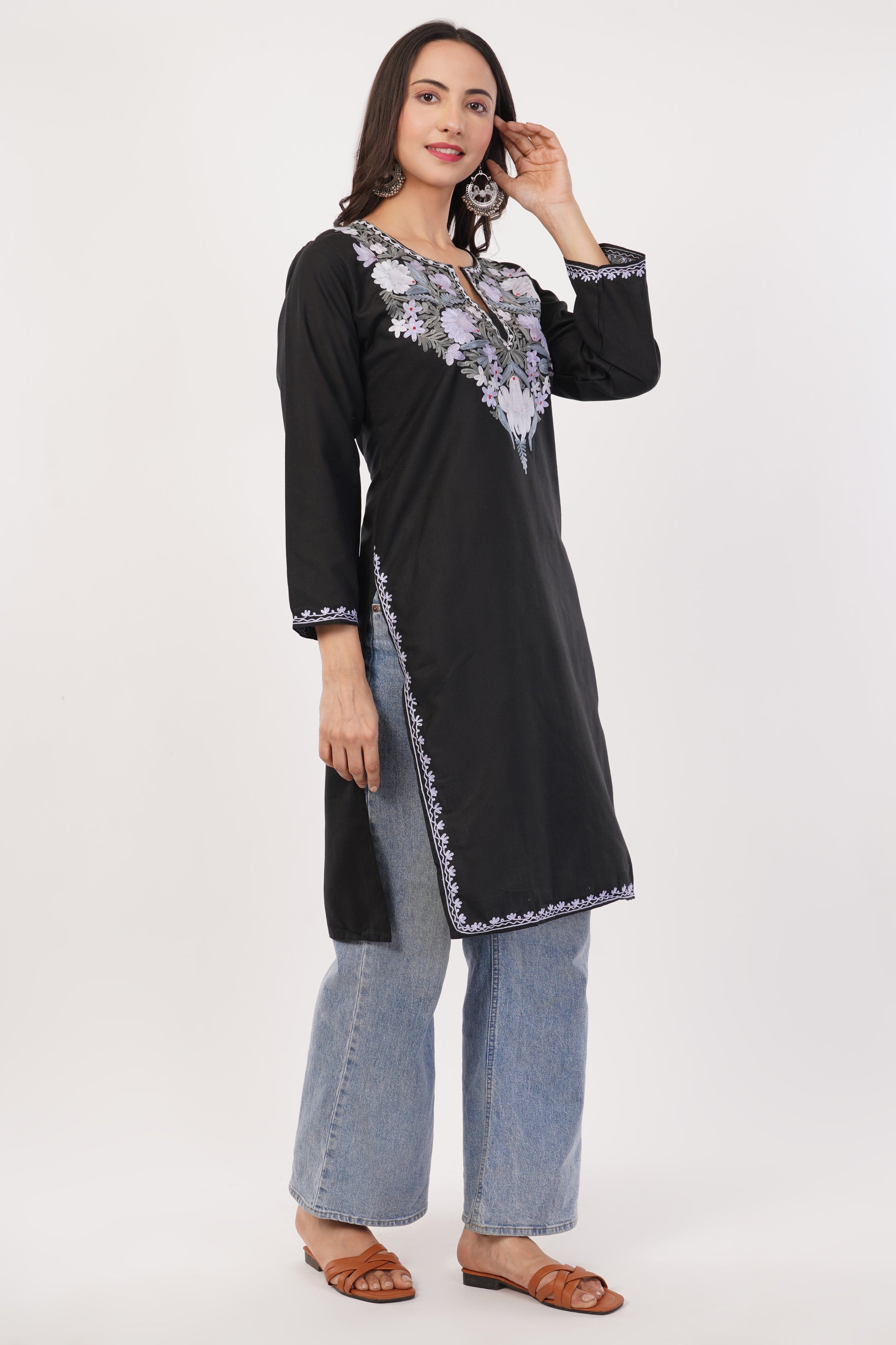 Kashmiri Aari embroidery Cotton Long Kurti Size-38 (Black)