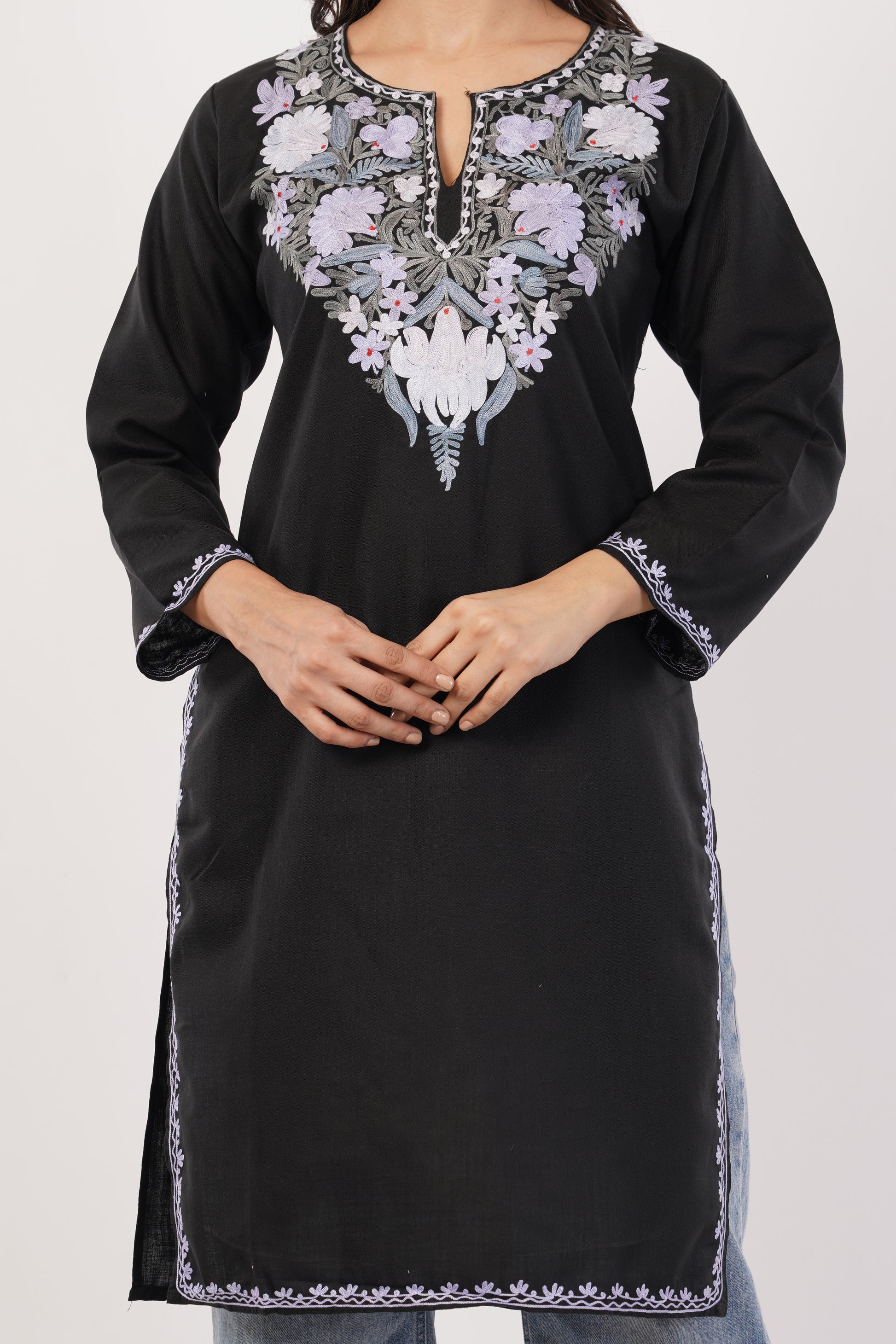 Kashmiri Aari embroidery Cotton Long Kurti Size-38 (Black)