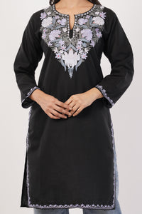 Kashmiri Aari embroidery Cotton Long Kurti Size-38 (Black)