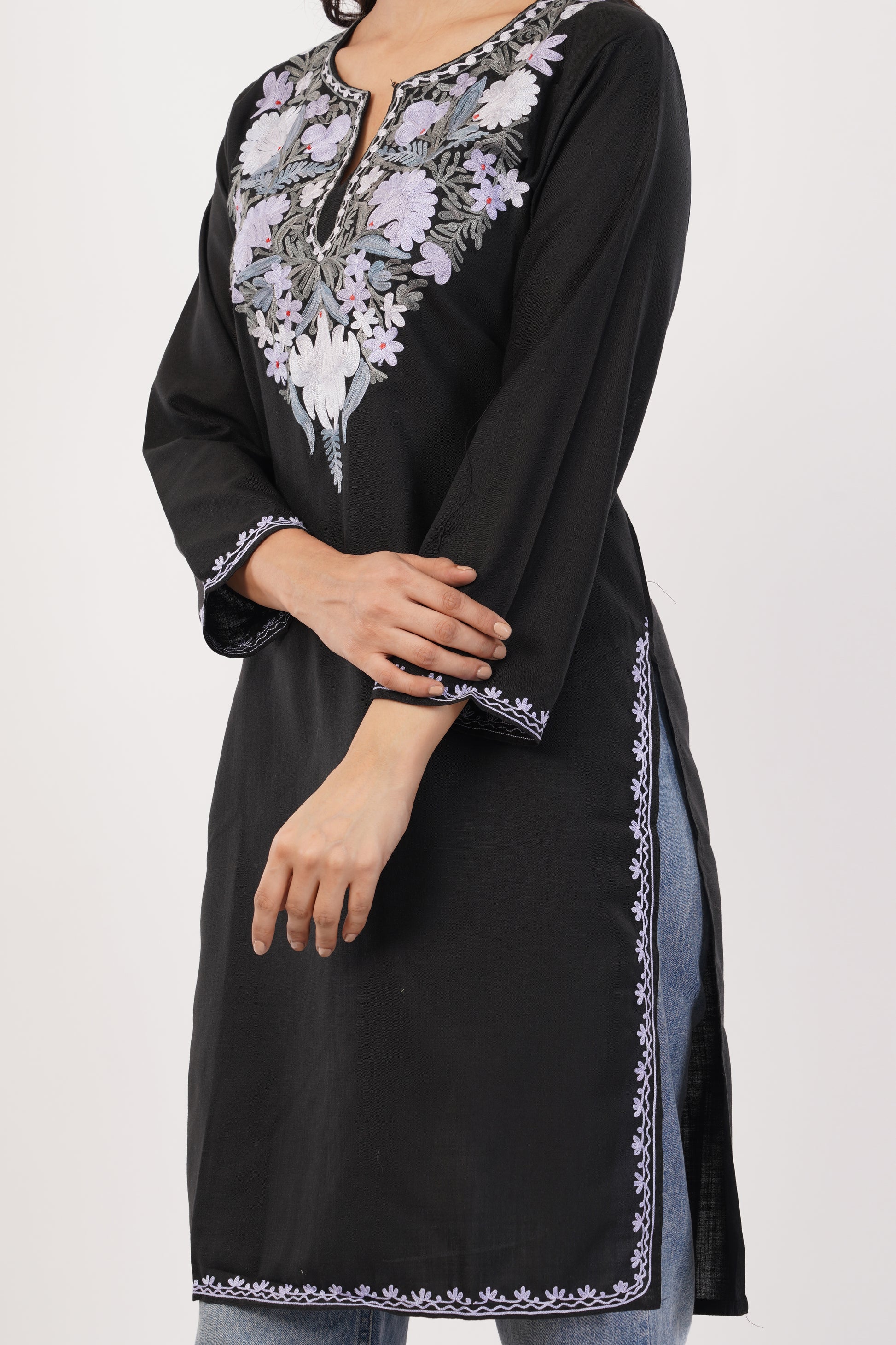 Kashmiri Aari embroidery Cotton Long Kurti Size-38 (Black)