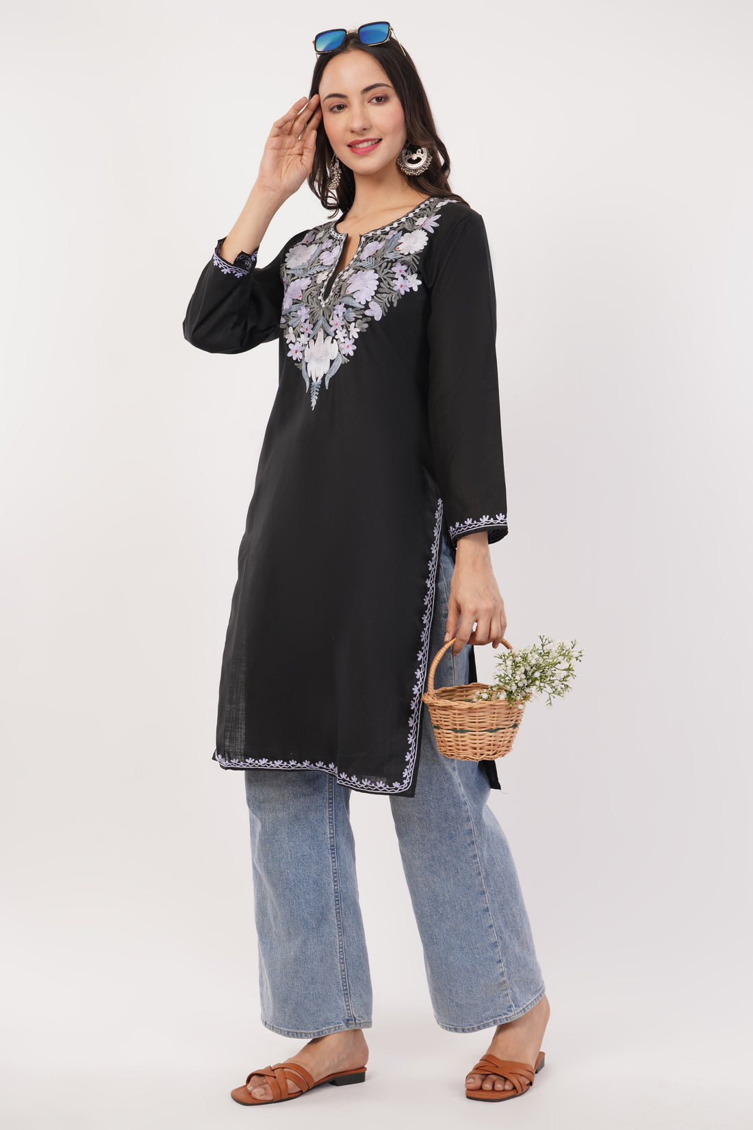 Kashmiri Aari embroidery Cotton Long Kurti Size-38 (Black)