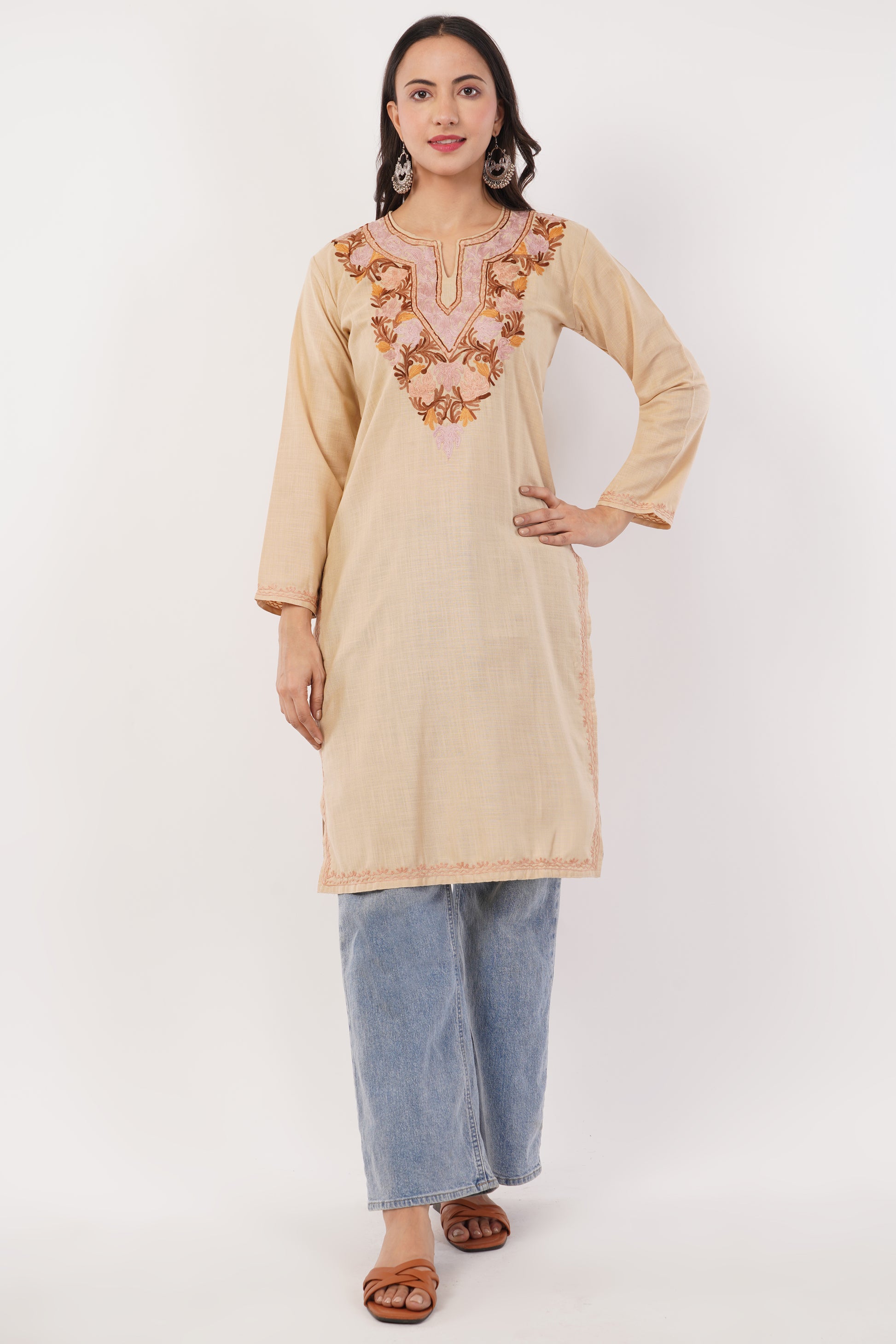 Kashmiri Aari embroidery Cotton Long Kurti Size-38 (Beige)