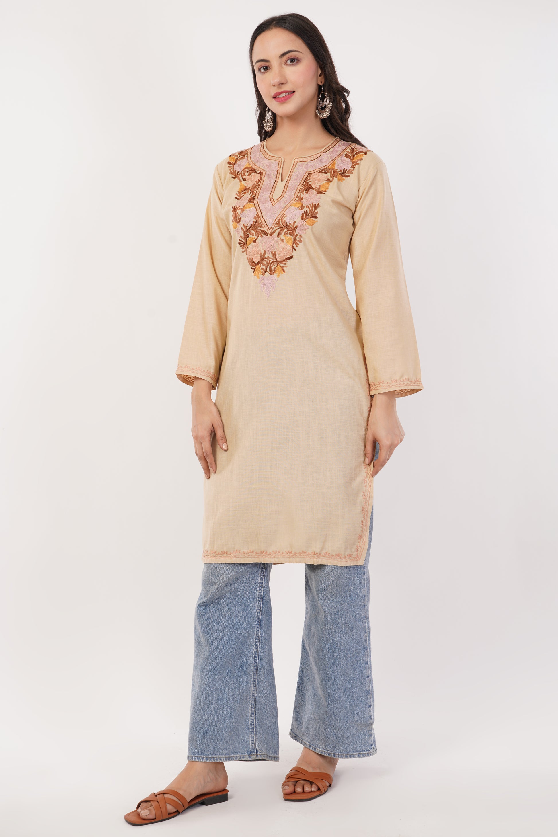 Kashmiri Aari embroidery Cotton Long Kurti Size-38 (Beige)
