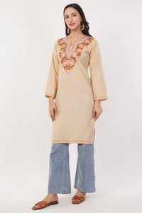 Kashmiri Aari embroidery Cotton Long Kurti Size-38 (Beige)
