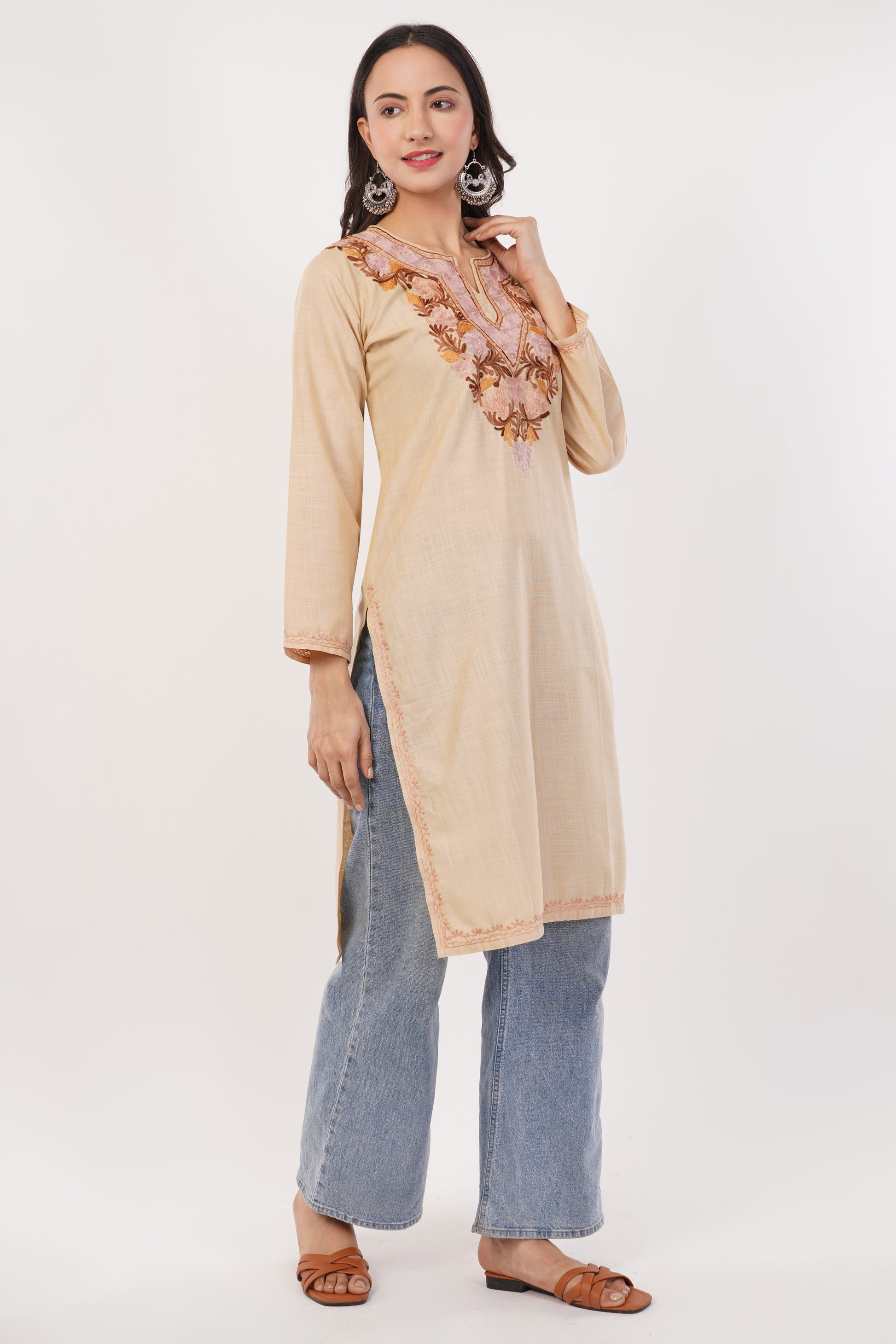Kashmiri Aari embroidery Cotton Long Kurti Size-38 (Beige)