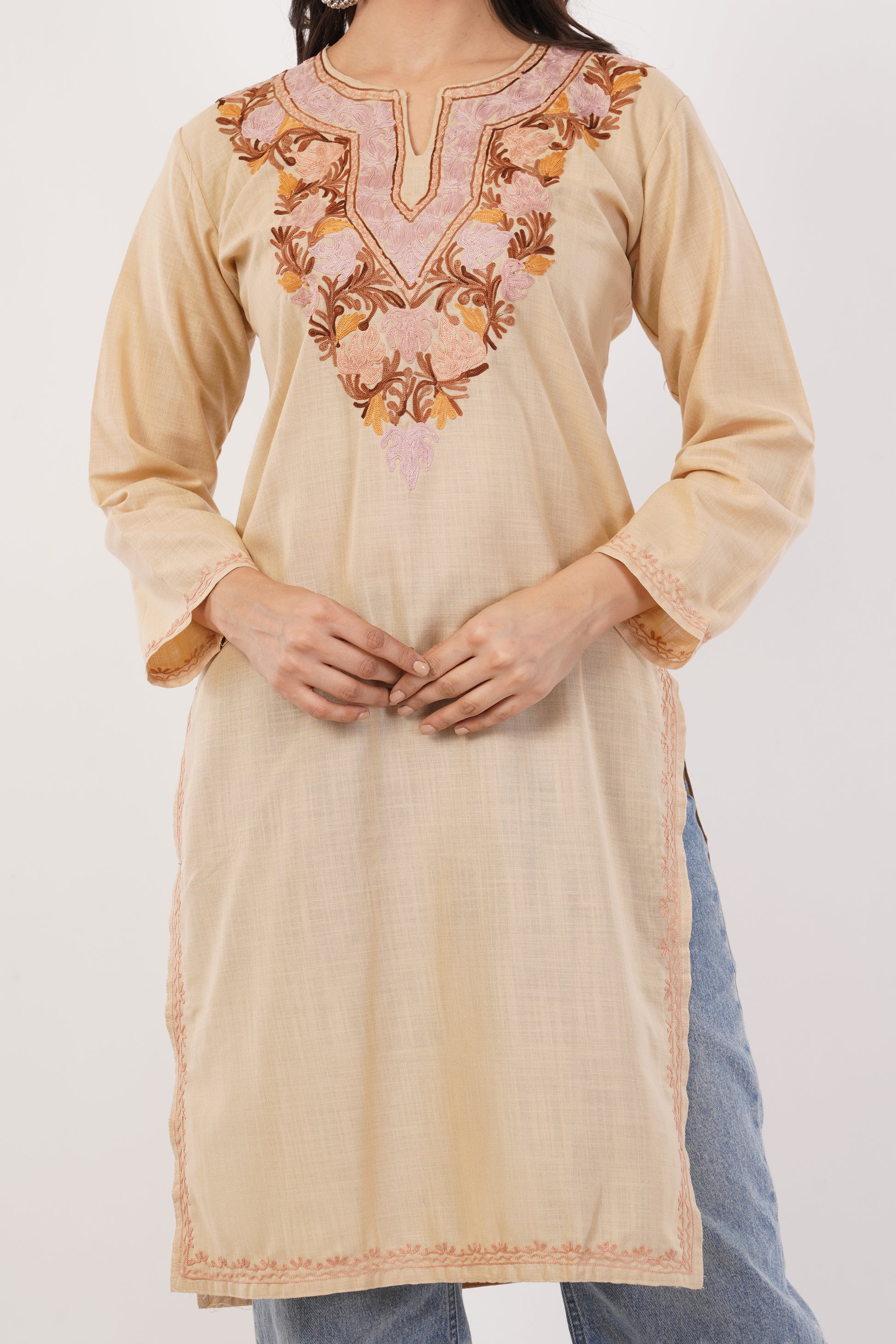 Kashmiri Aari embroidery Cotton Long Kurti Size-38 (Beige)
