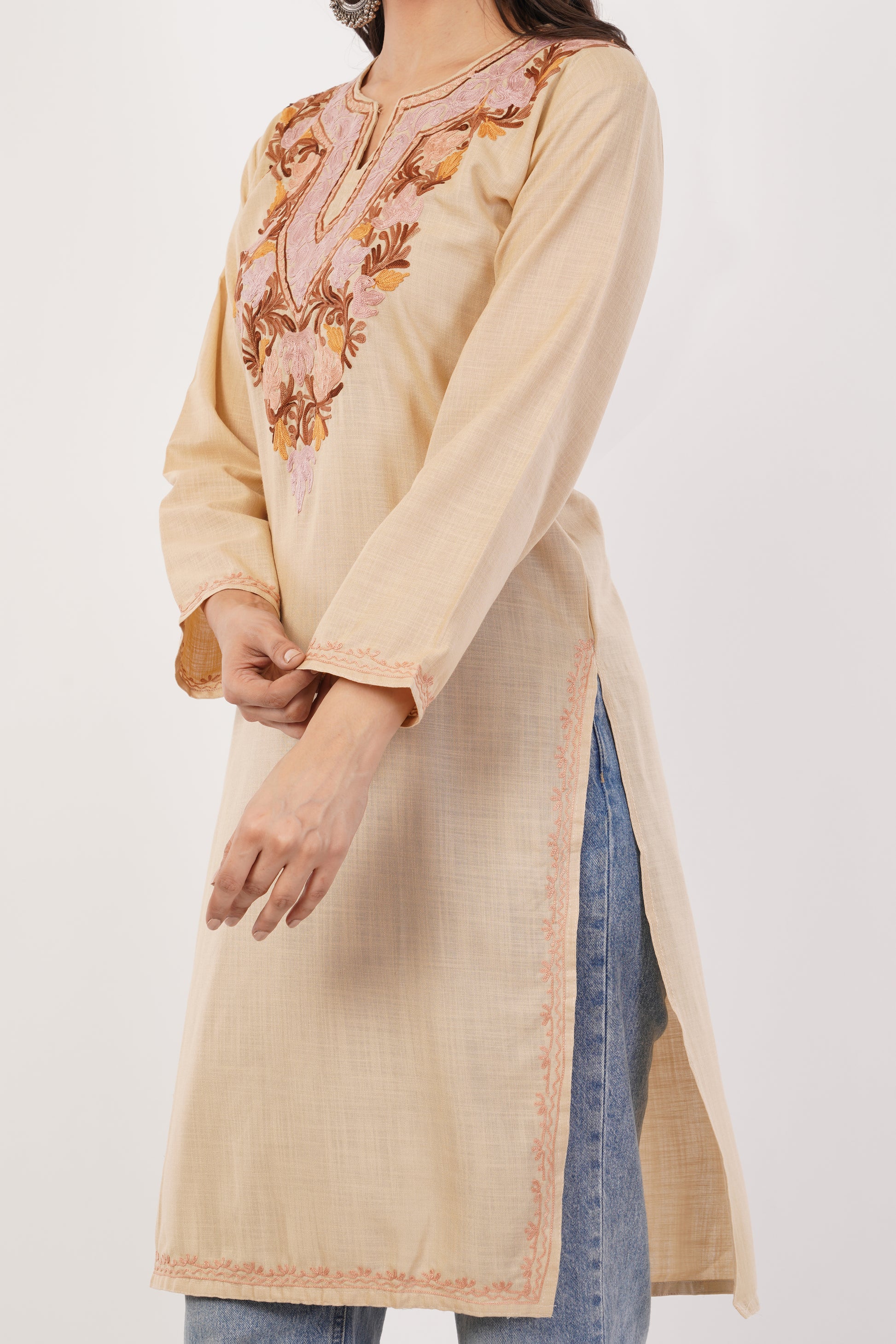 Kashmiri Aari embroidery Cotton Long Kurti Size-38 (Beige)
