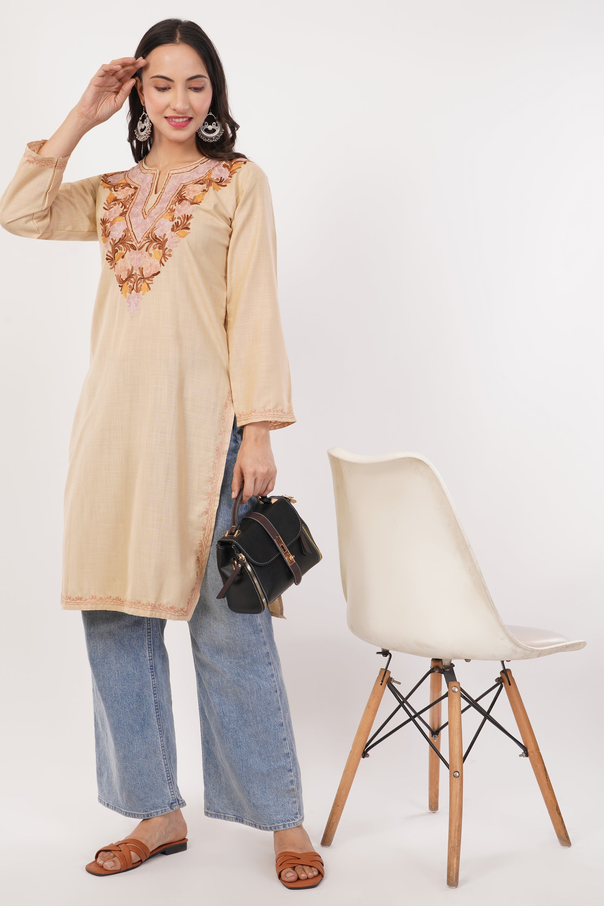 Kashmiri Aari embroidery Cotton Long Kurti Size-38 (Beige)