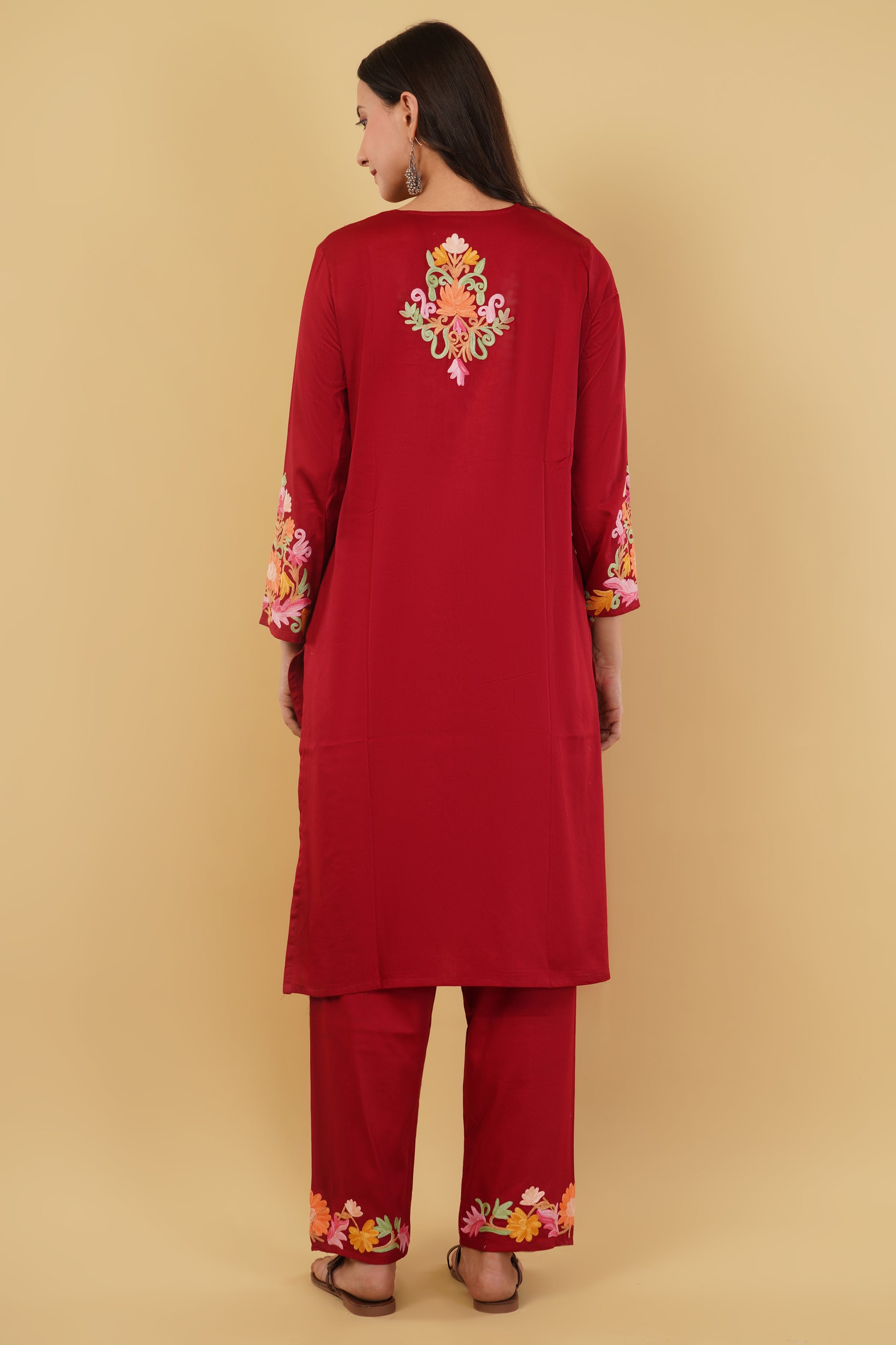 Kashmiri Aari embroidery Jaam Cotton Co-ord set Size-40 (Red)