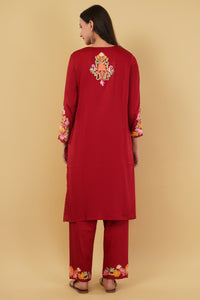 Kashmiri Aari embroidery Jaam Cotton Co-ord set Size-40 (Red)