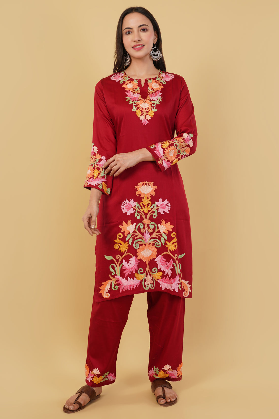 Kashmiri Aari embroidery Jaam Cotton Co-ord set Size-40 (Red)