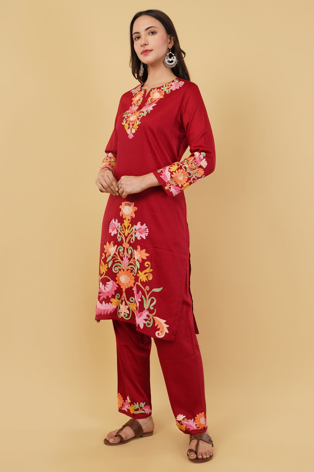 Kashmiri Aari embroidery Jaam Cotton Co-ord set Size-40 (Red)