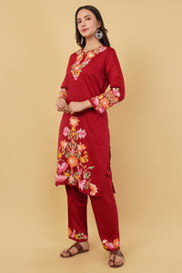 Kashmiri Aari embroidery Jaam Cotton Co-ord set Size-40 (Red)