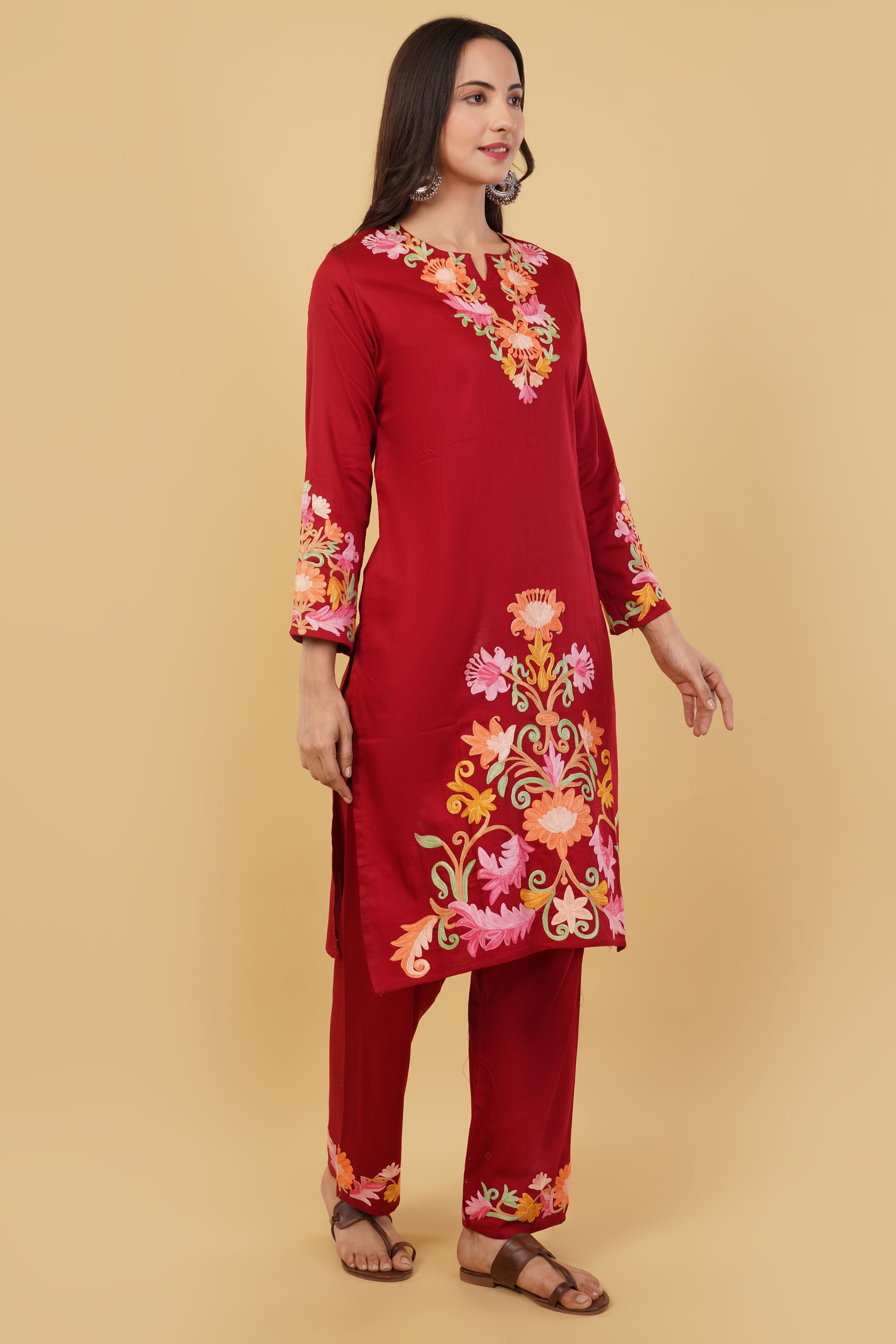 Kashmiri Aari embroidery Jaam Cotton Co-ord set Size-40 (Red)