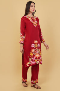 Kashmiri Aari embroidery Jaam Cotton Co-ord set Size-40 (Red)