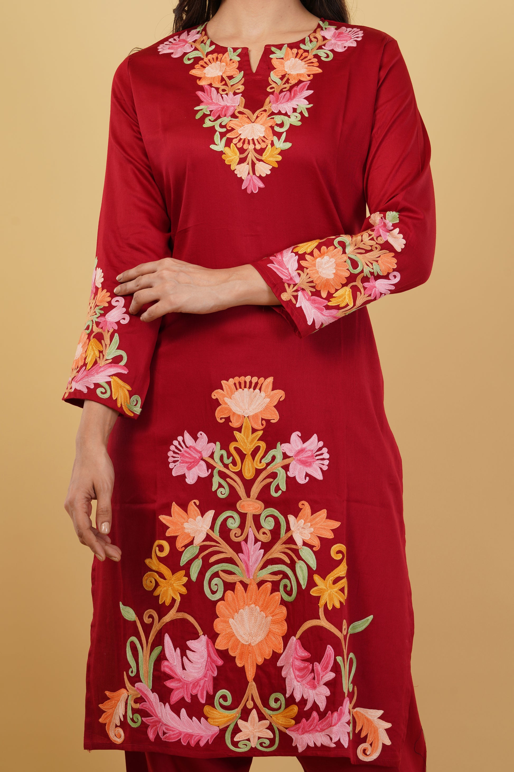 Kashmiri Aari embroidery Jaam Cotton Co-ord set Size-40 (Red)