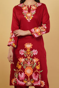 Kashmiri Aari embroidery Jaam Cotton Co-ord set Size-40 (Red)