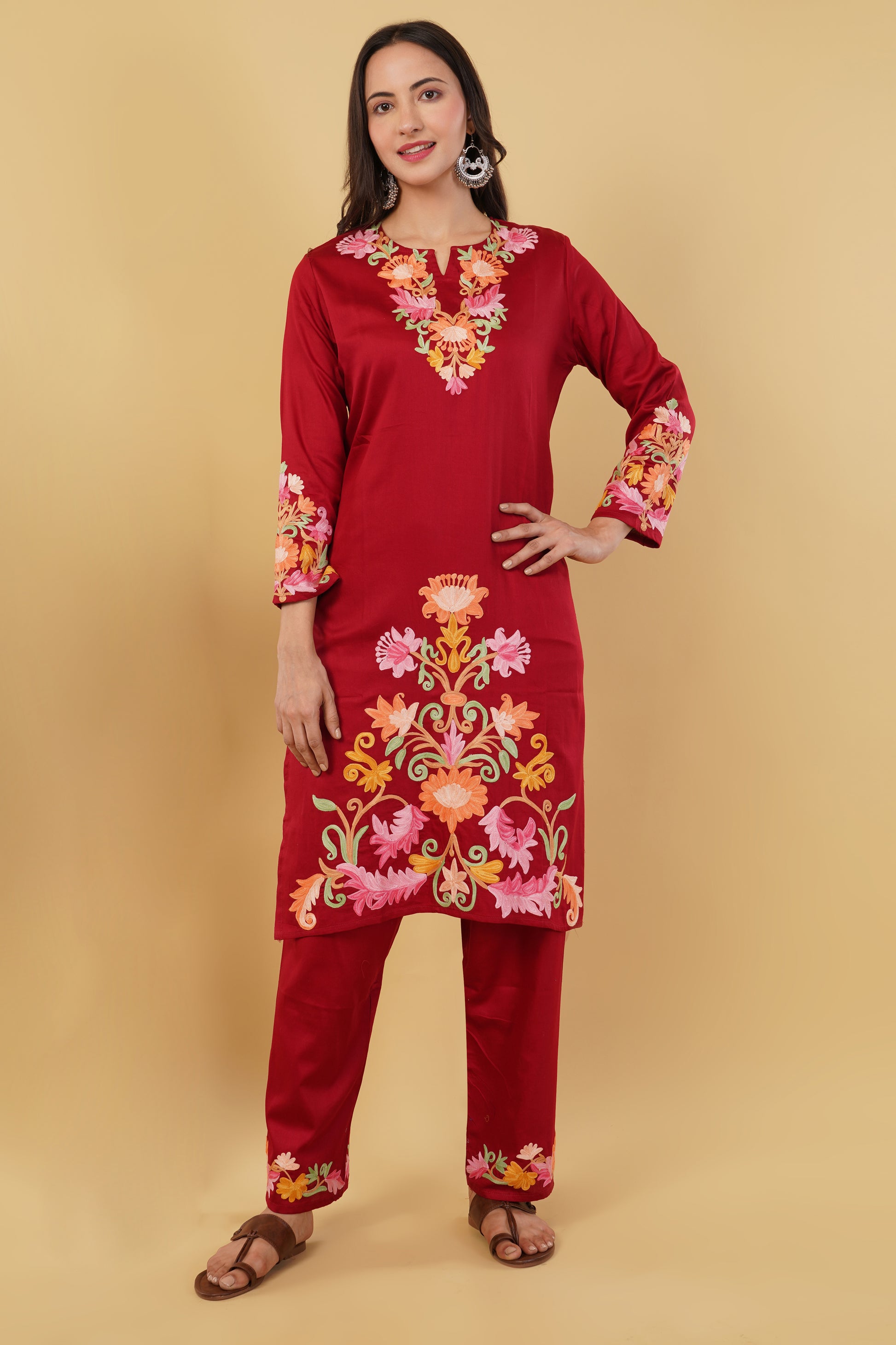 Kashmiri Aari embroidery Jaam Cotton Co-ord set Size-40 (Red)