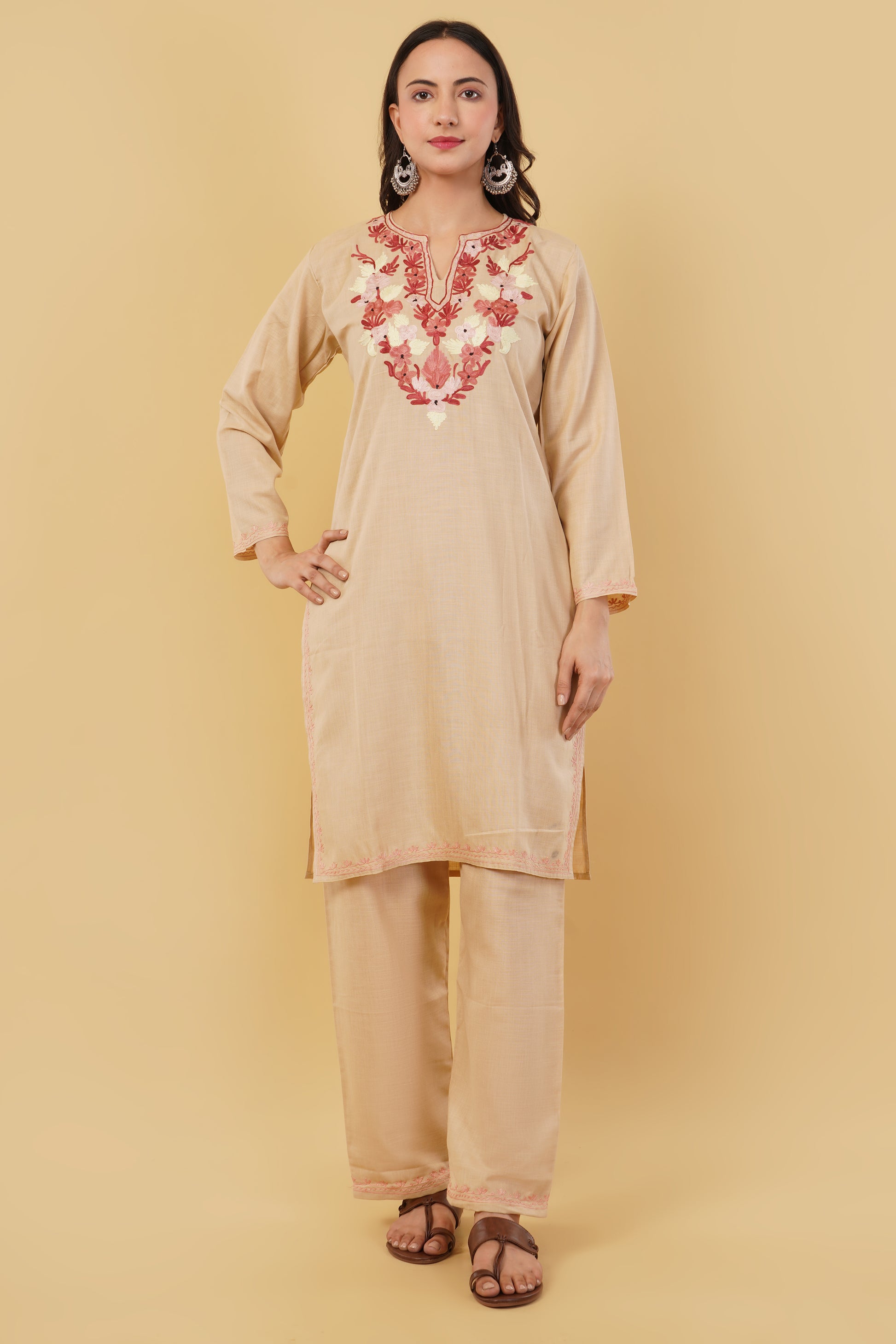 Kashmiri Aari embroidery Cotton Co-ord set Size-38 (Beige)