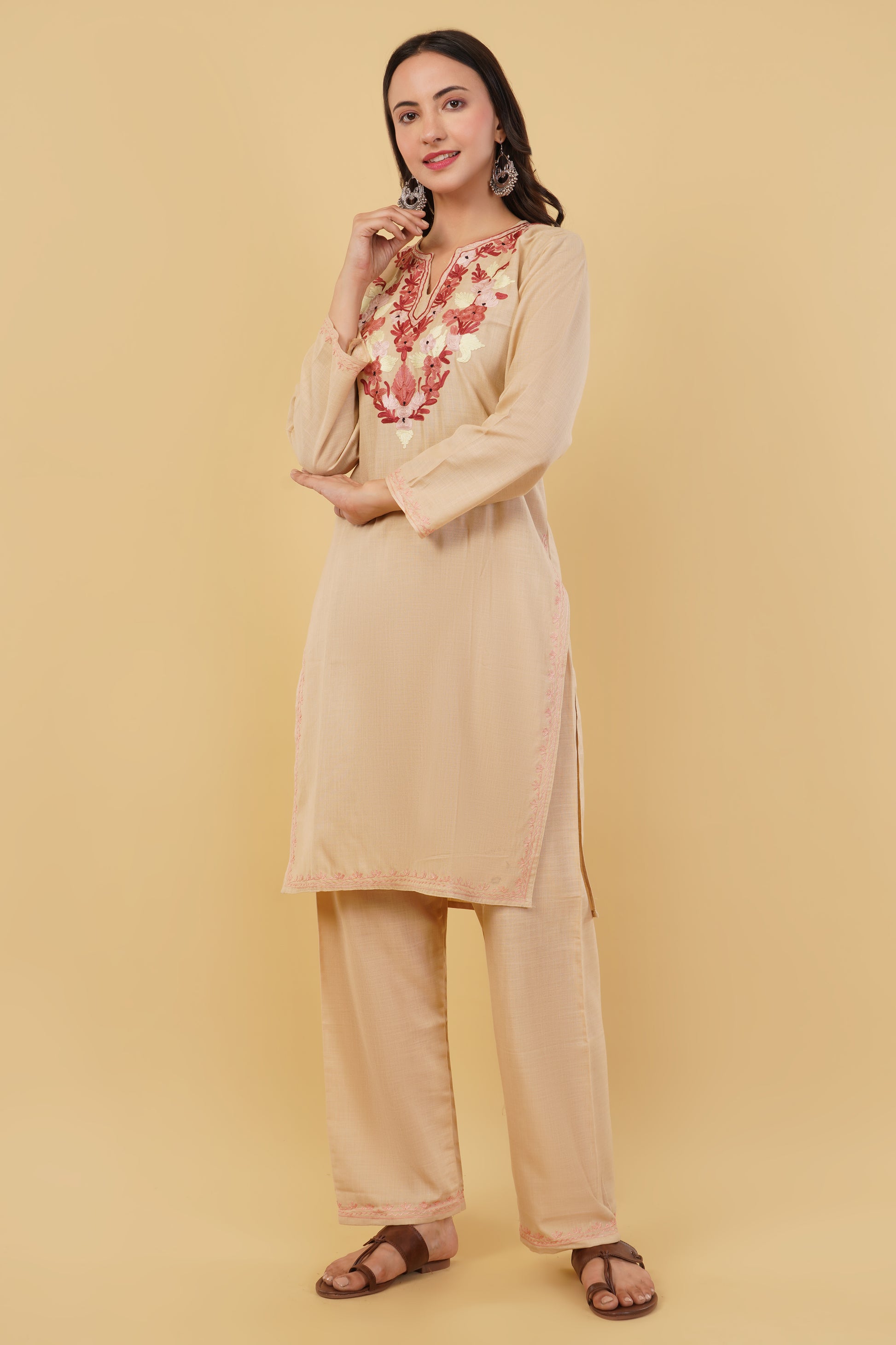 Kashmiri Aari embroidery Cotton Co-ord set Size-38 (Beige)