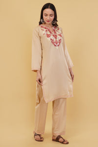 Kashmiri Aari embroidery Cotton Co-ord set Size-38 (Beige)