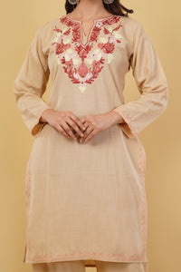 Kashmiri Aari embroidery Cotton Co-ord set Size-38 (Beige)