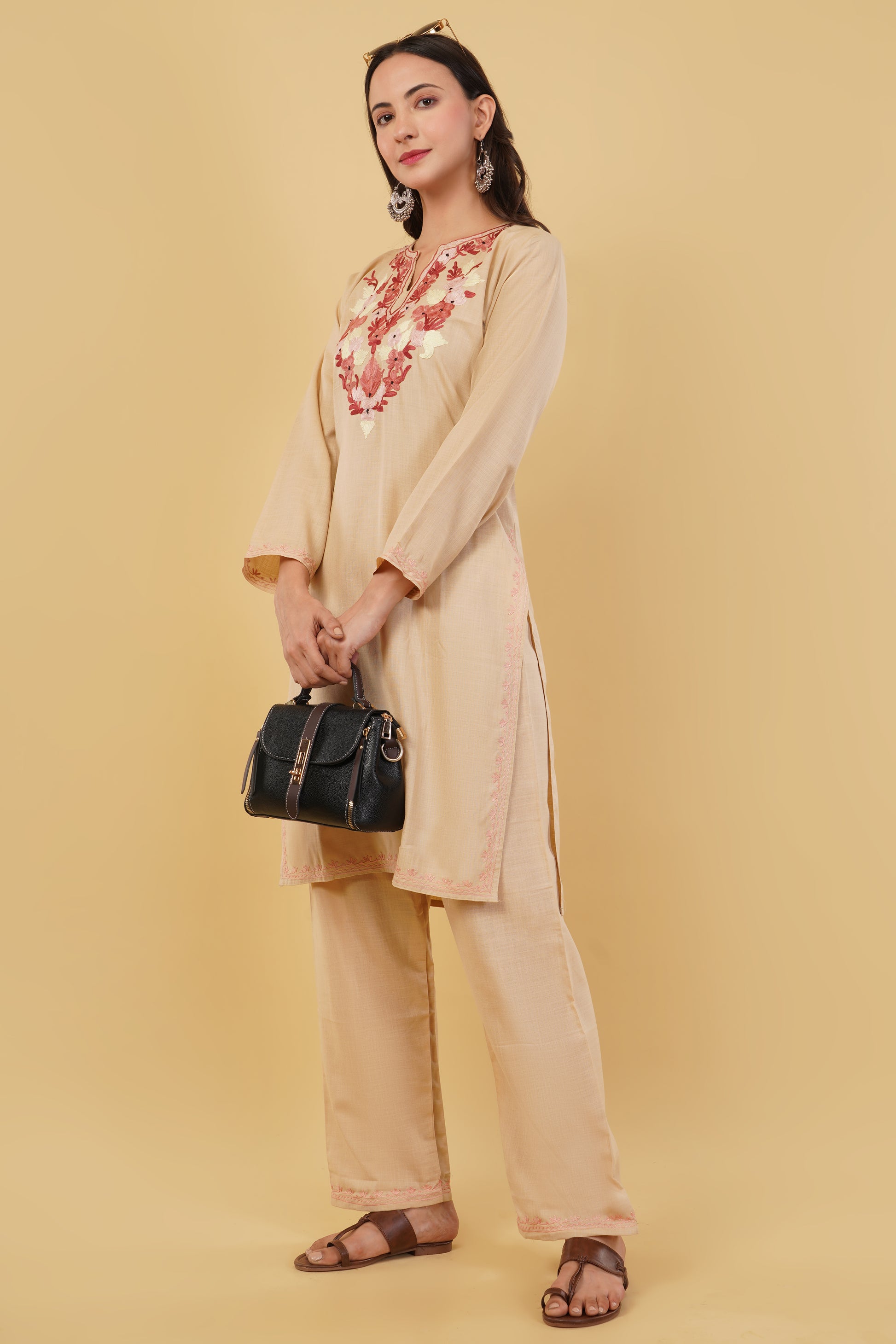 Kashmiri Aari embroidery Cotton Co-ord set Size-38 (Beige)