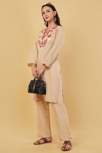 Kashmiri Aari embroidery Cotton Co-ord set Size-38 (Beige)