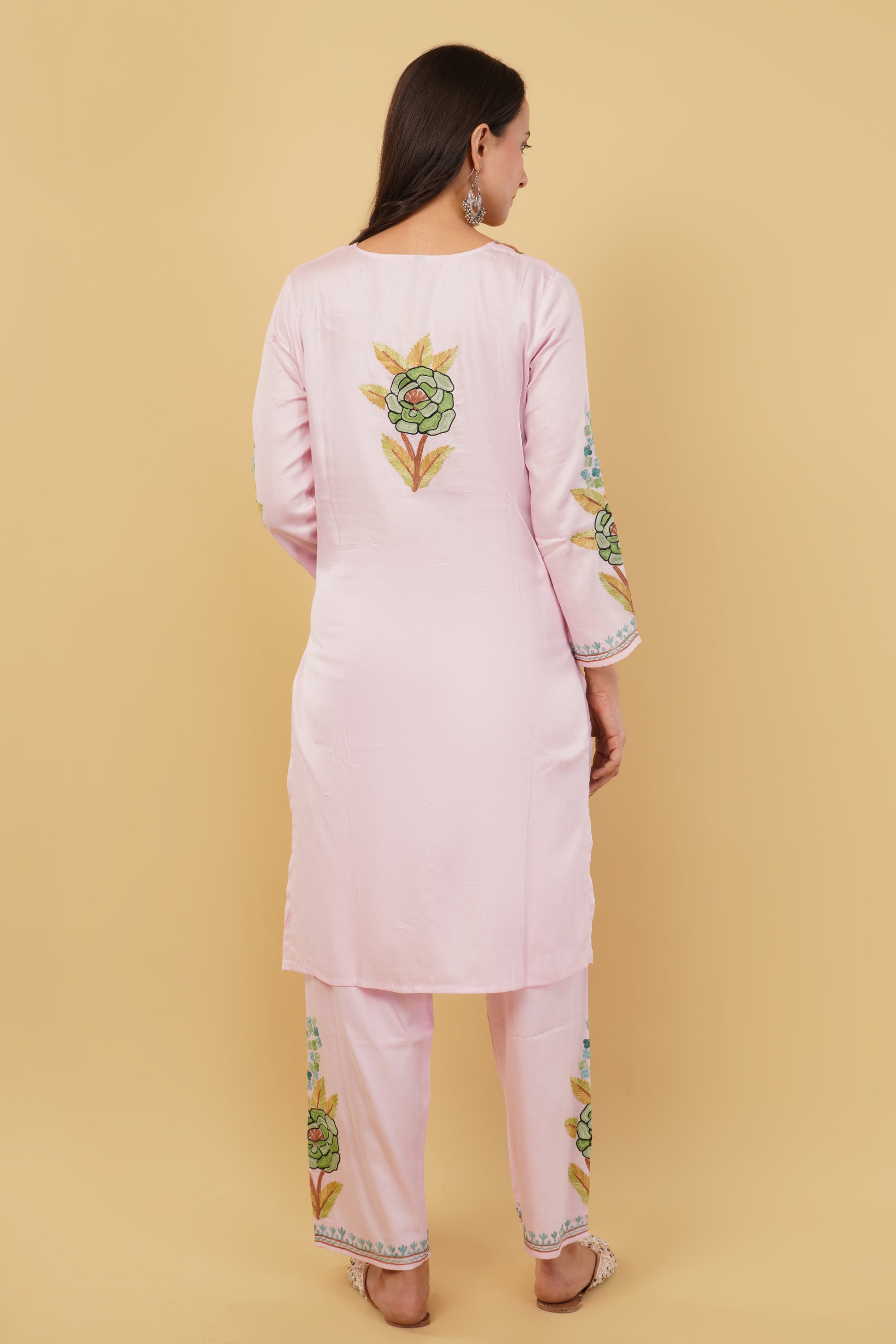 Kashmiri Aari embroidery Jaam Cotton Co-ord set Size-40 (Pink)
