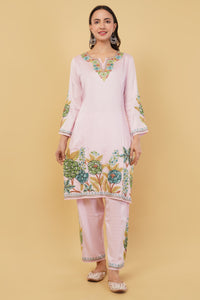 Kashmiri Aari embroidery Jaam Cotton Co-ord set Size-40 (Pink)
