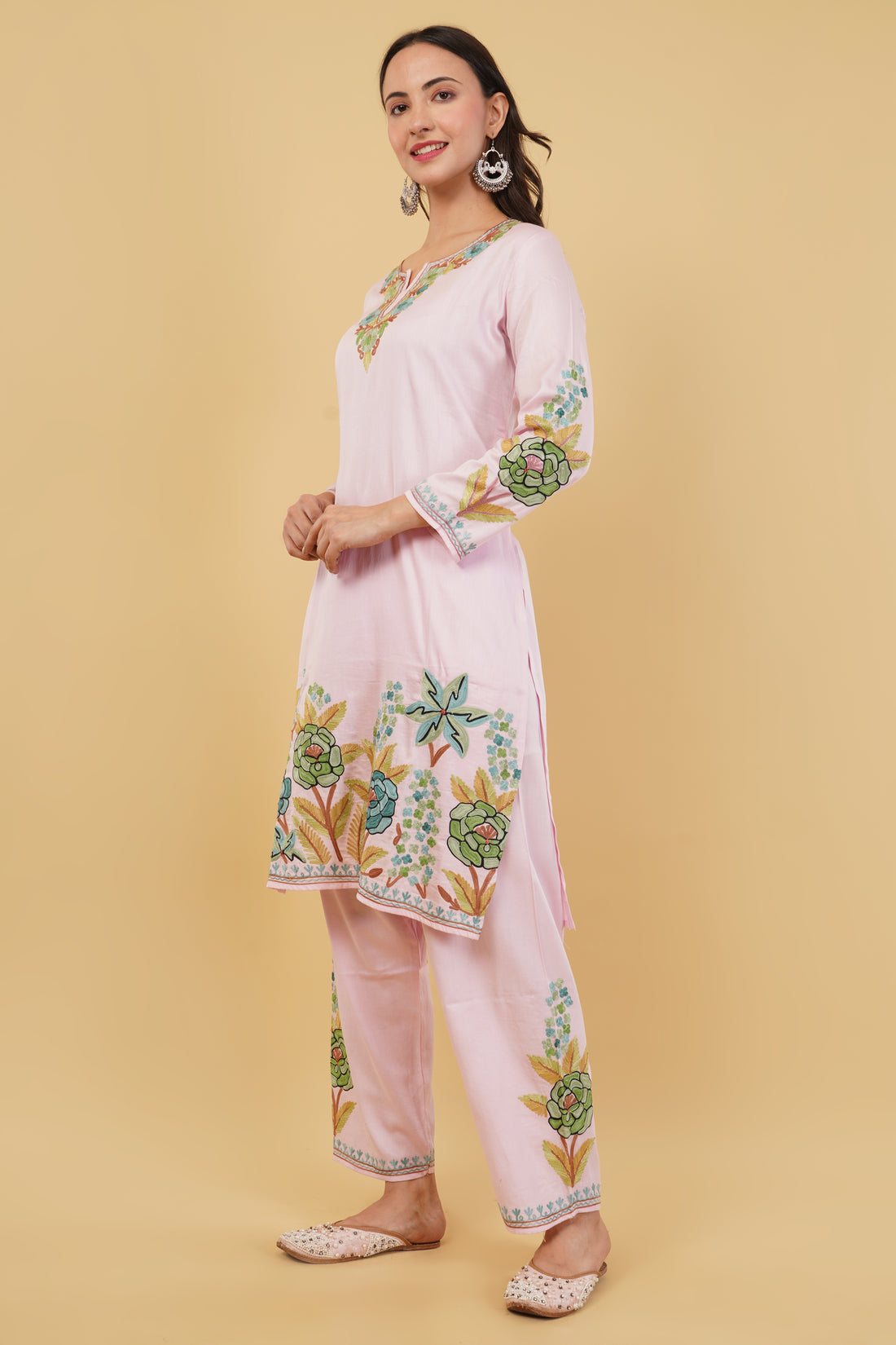 Kashmiri Aari embroidery Jaam Cotton Co-ord set Size-40 (Pink)