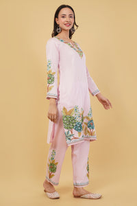 Kashmiri Aari embroidery Jaam Cotton Co-ord set Size-40 (Pink)