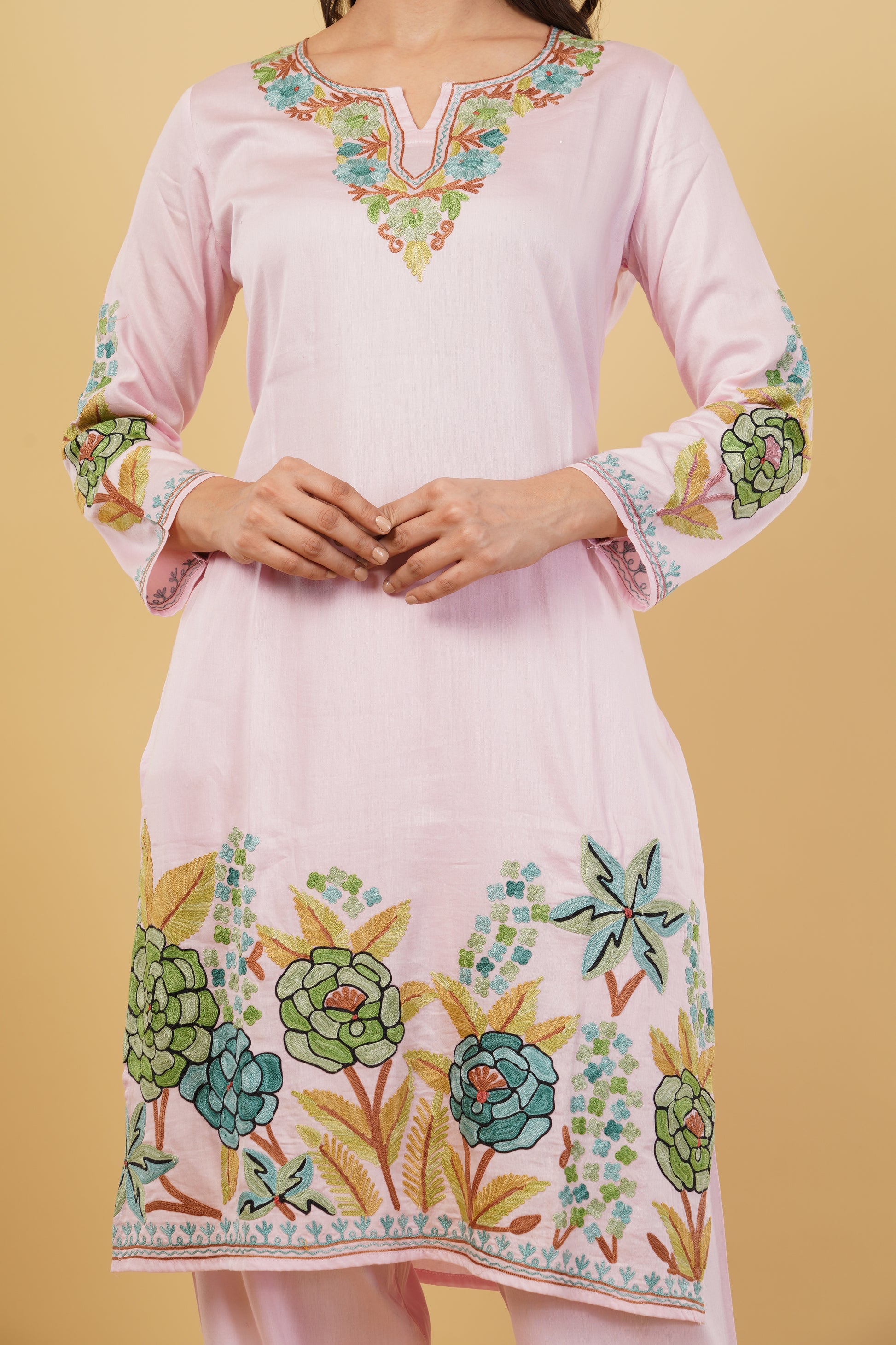 Kashmiri Aari embroidery Jaam Cotton Co-ord set Size-40 (Pink)