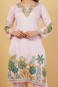 Kashmiri Aari embroidery Jaam Cotton Co-ord set Size-40 (Pink)