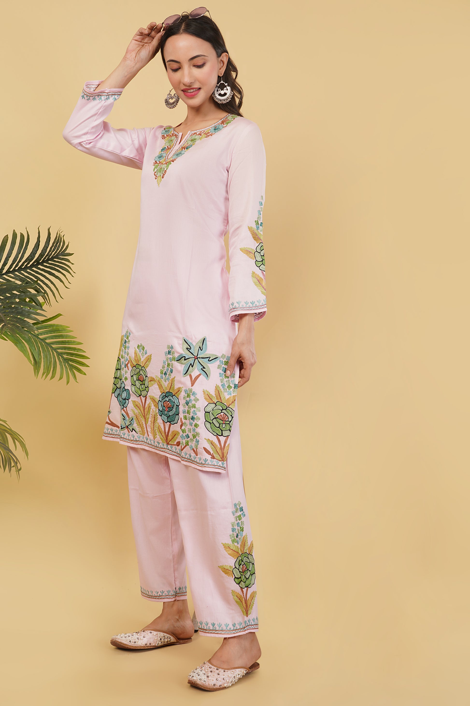 Kashmiri Aari embroidery Jaam Cotton Co-ord set Size-40 (Pink)