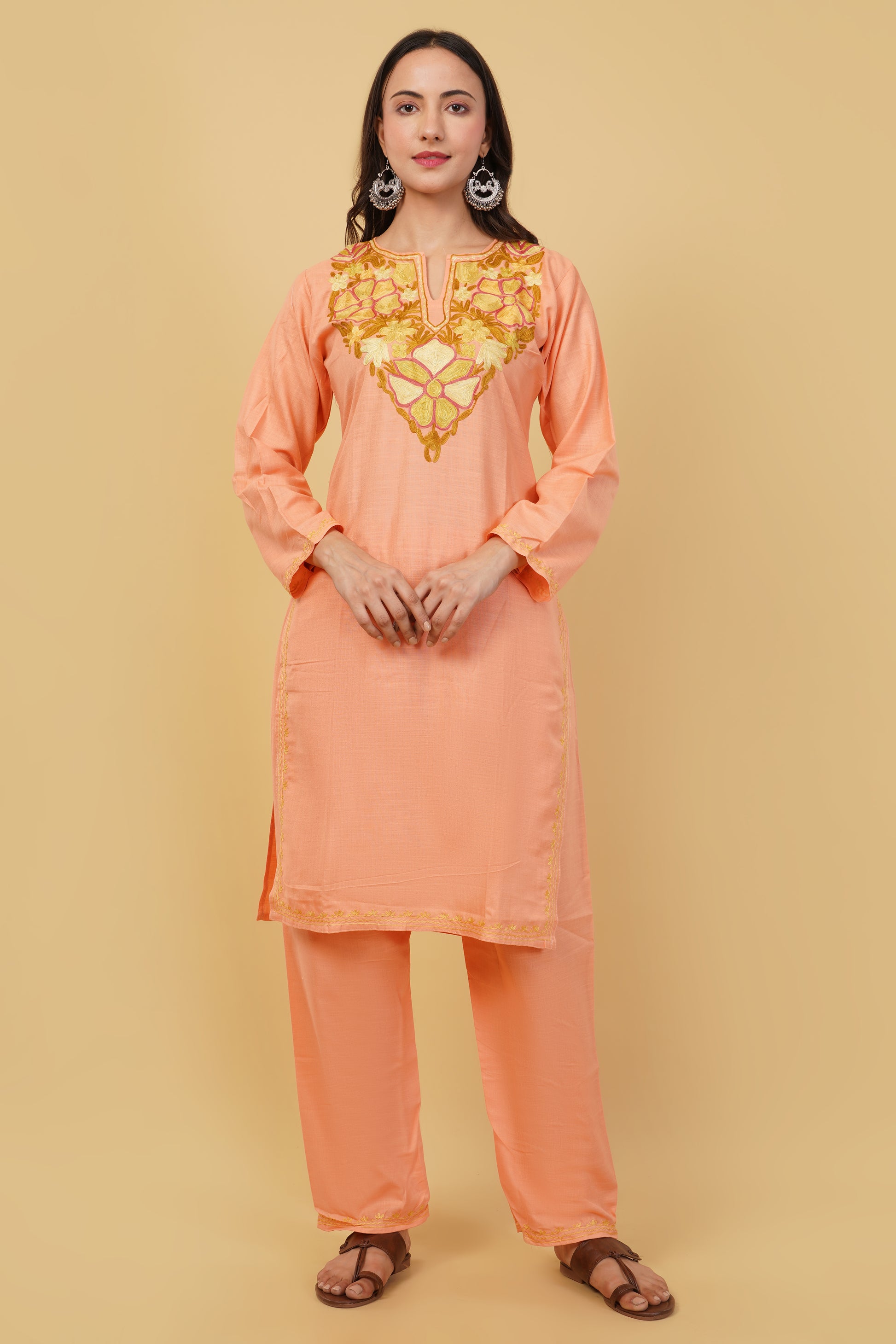 Kashmiri Aari embroidery Cotton Co-ord set Size-38 (Peach)