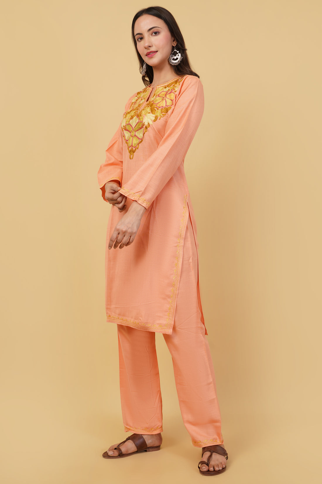 Kashmiri Aari embroidery Cotton Co-ord set Size-38 (Peach)