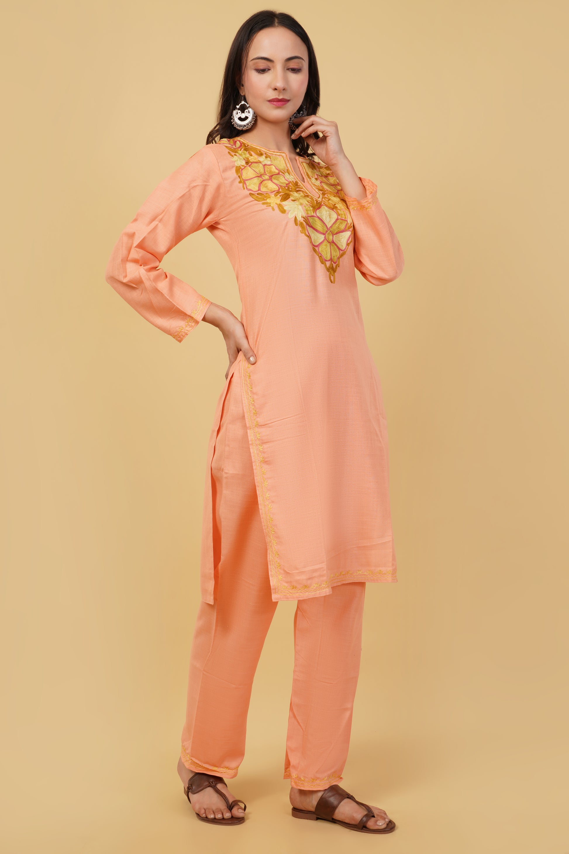 Kashmiri Aari embroidery Cotton Co-ord set Size-38 (Peach)
