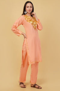 Kashmiri Aari embroidery Cotton Co-ord set Size-38 (Peach)