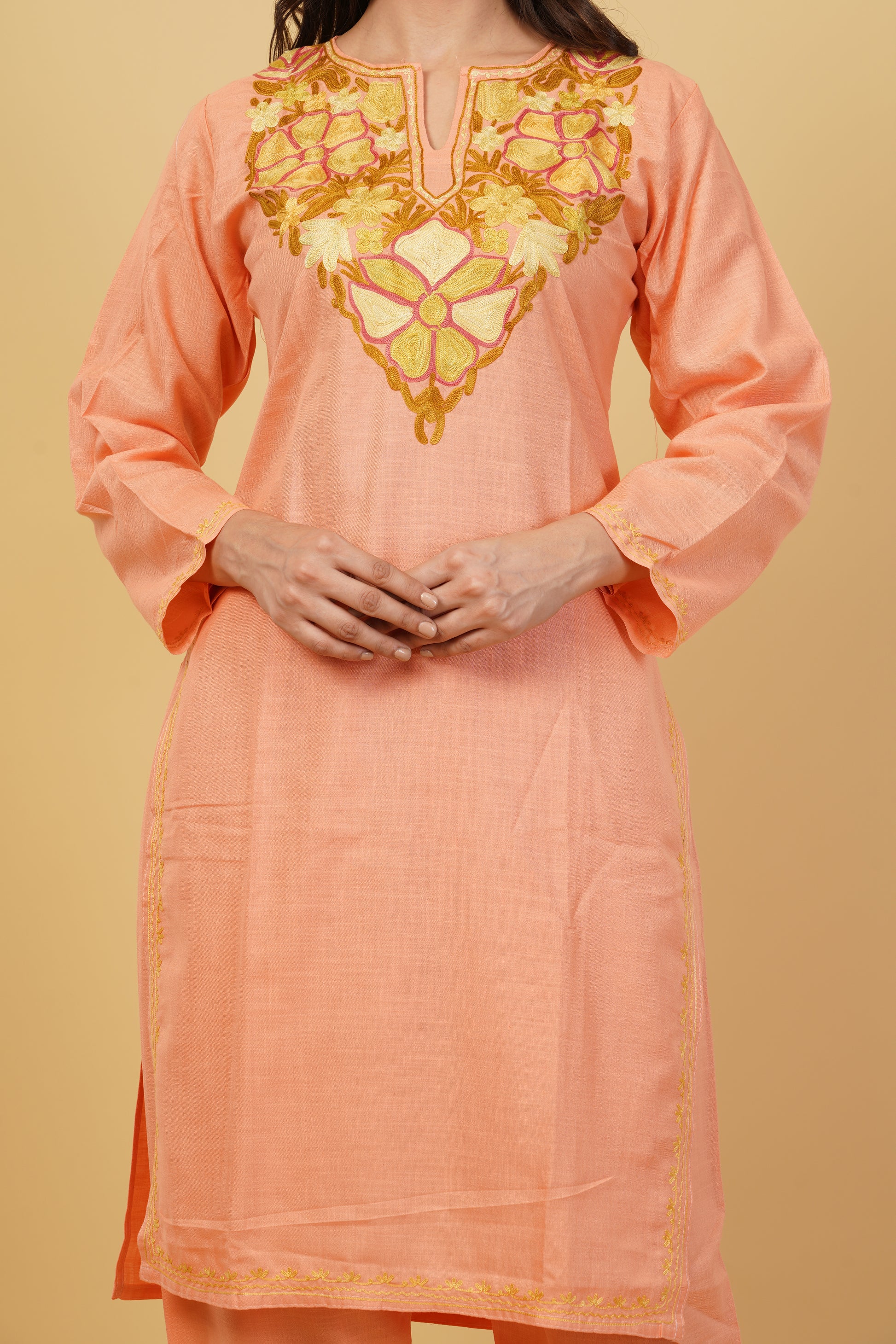 Kashmiri Aari embroidery Cotton Co-ord set Size-38 (Peach)