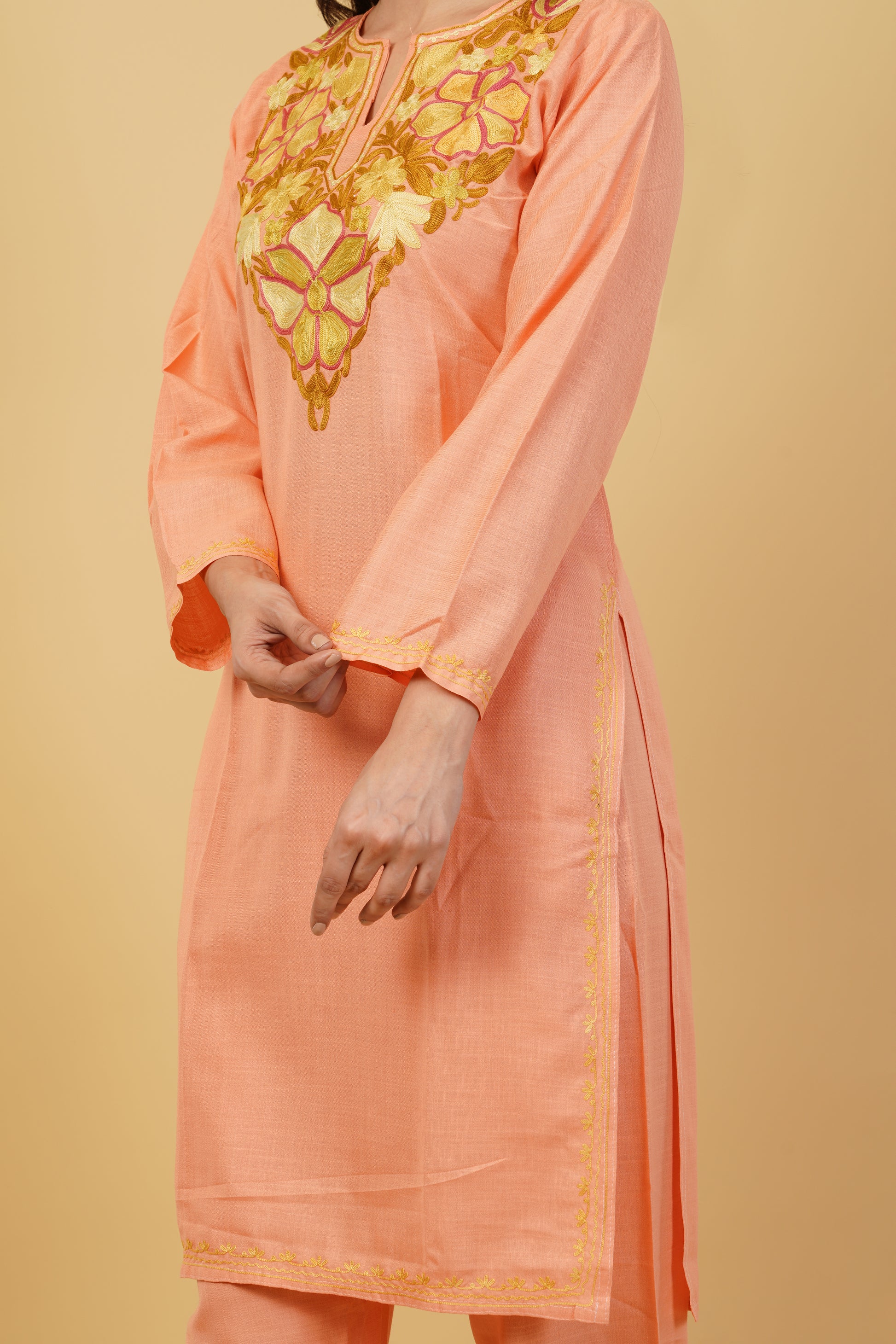 Kashmiri Aari embroidery Cotton Co-ord set Size-38 (Peach)