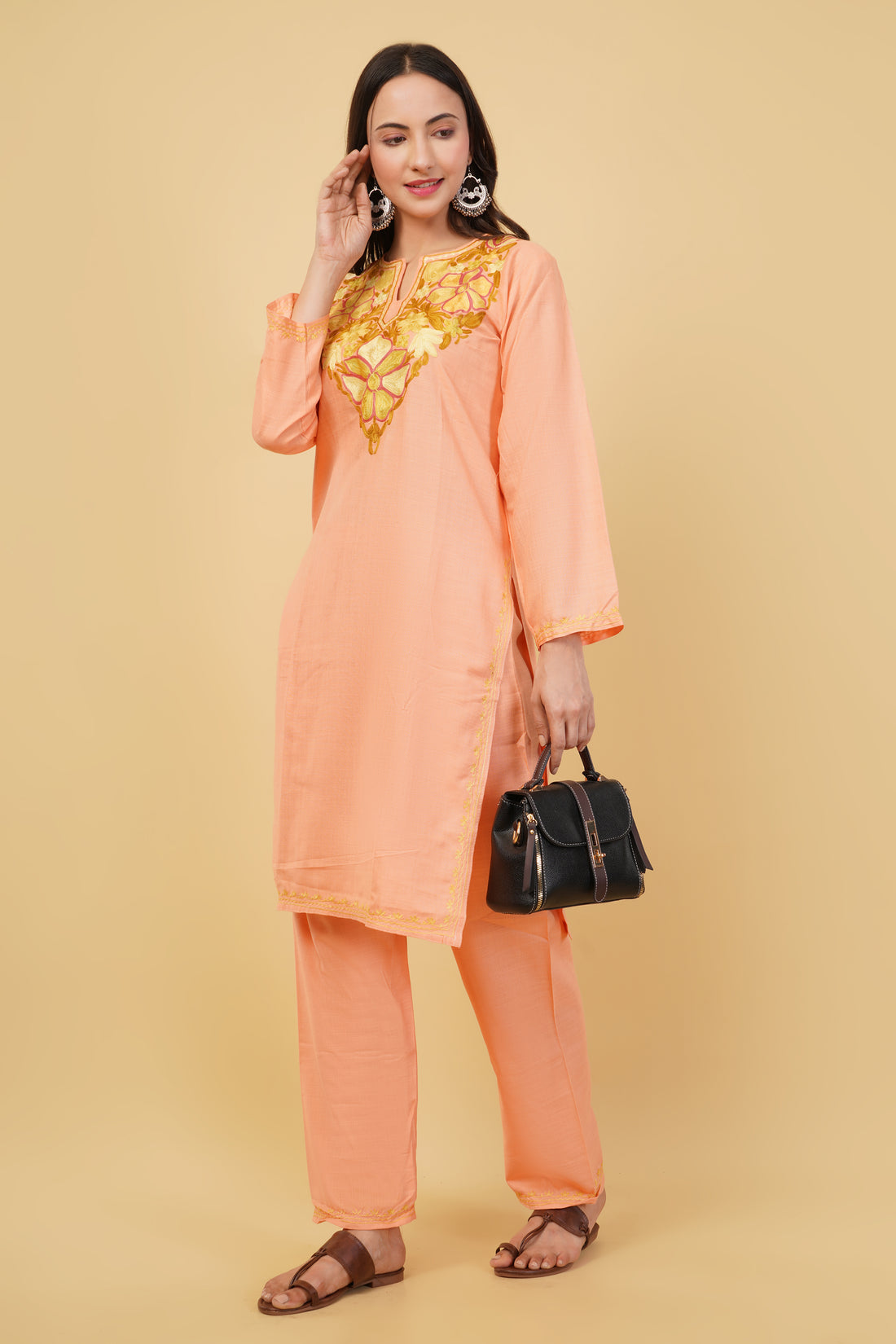 Kashmiri Aari embroidery Cotton Co-ord set Size-38 (Peach)