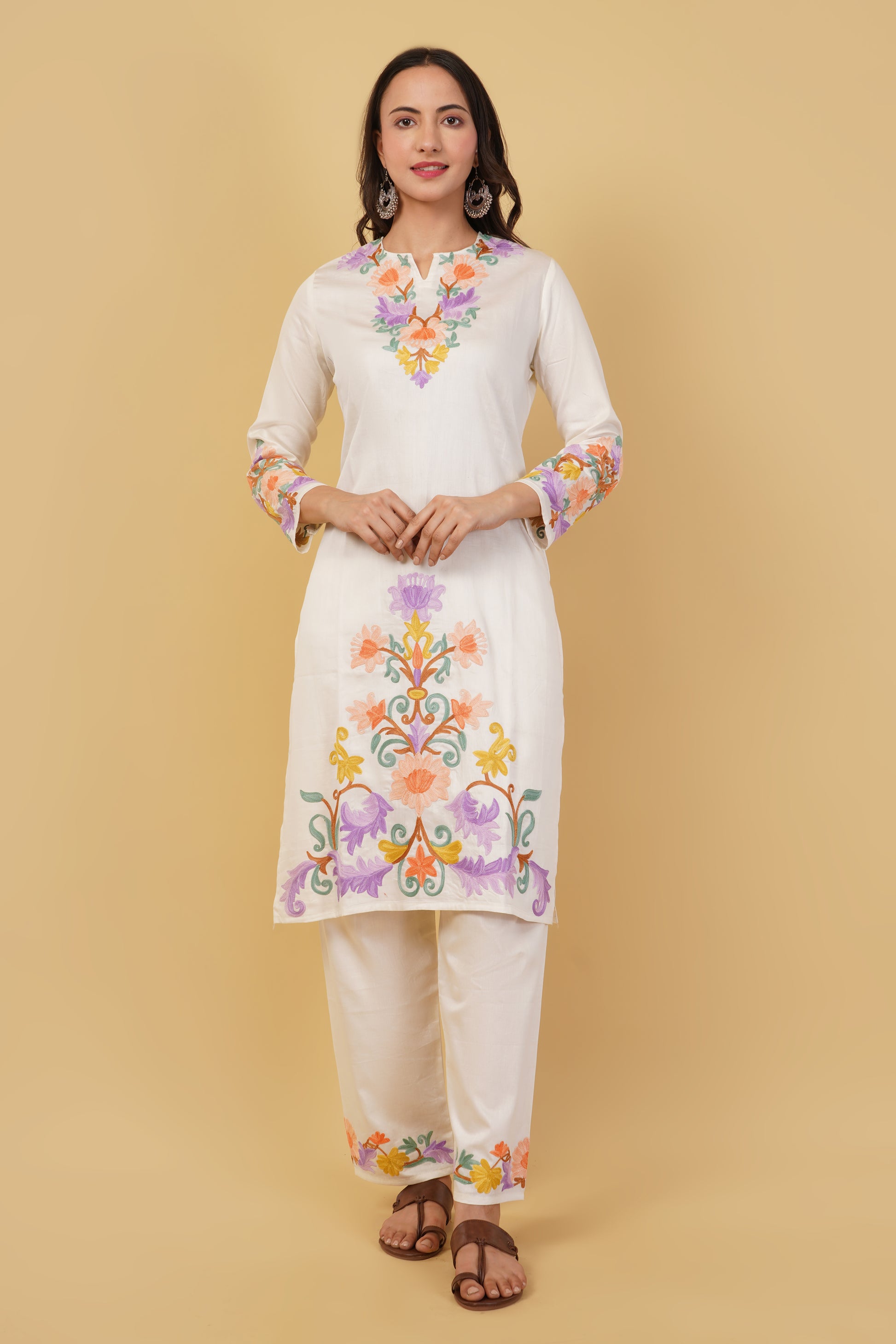 Kashmiri Aari embroidery Jaam Cotton Co-ord set Size-38 (White)