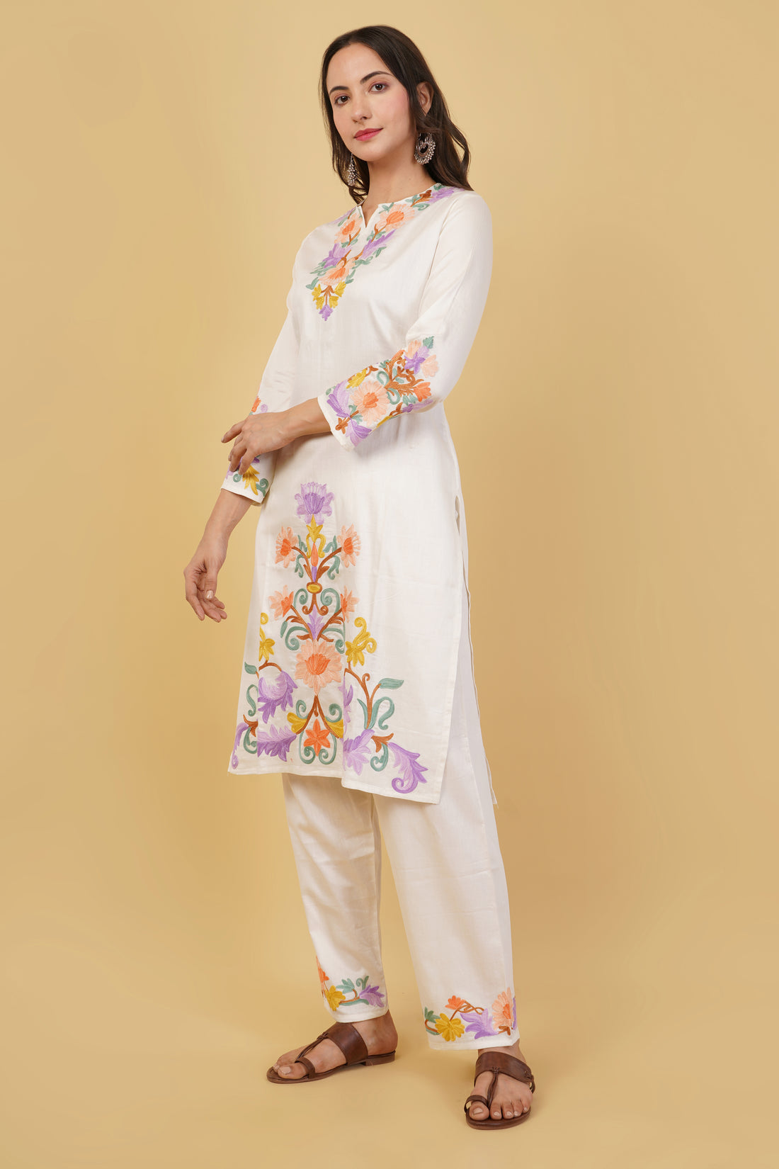 Kashmiri Aari embroidery Jaam Cotton Co-ord set Size-38 (White)