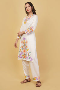 Kashmiri Aari embroidery Jaam Cotton Co-ord set Size-38 (White)